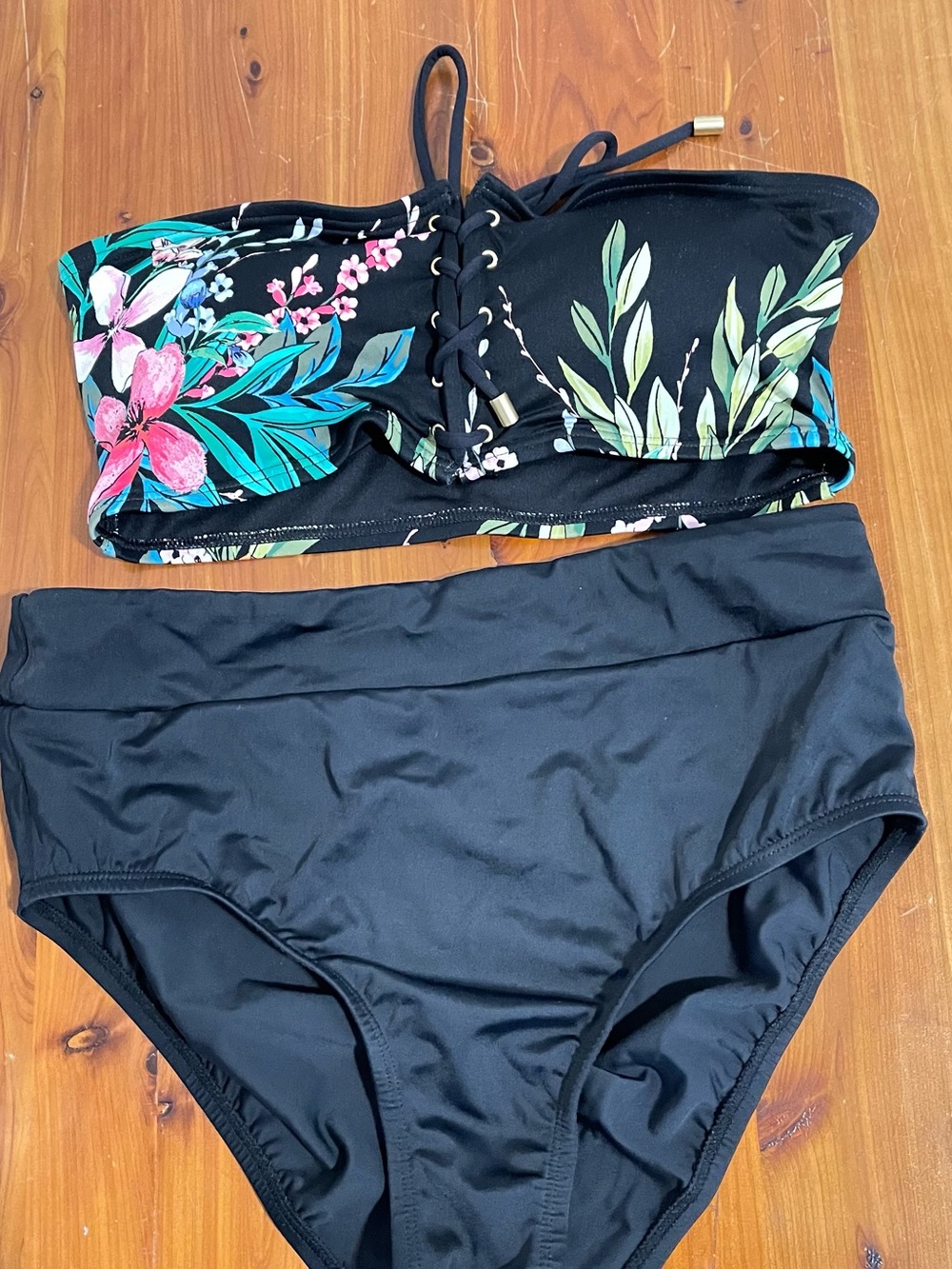 Vince Camuto Black Floral Lace-Up Bandeau Bikini